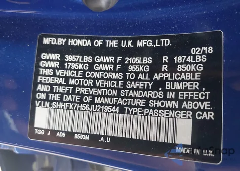 2018 Honda Civic Ex from USA, damaged, VIN SHHFK7H56JU219544